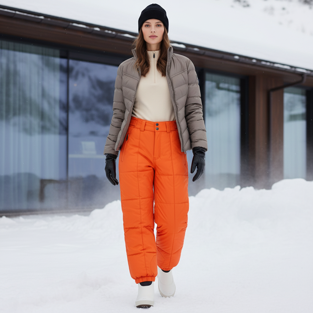 Pantalon De Ski Orange Matelassé Imperméable Coupe Droite - Polyester