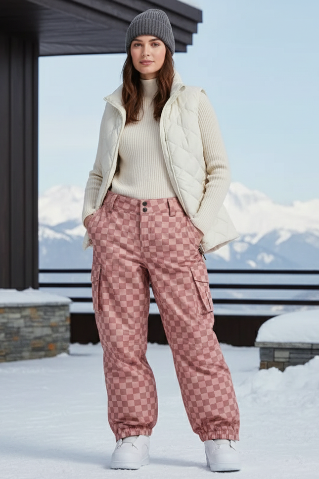 Pantalon De Ski Rose Carreaux Ample Imperméable Unisexe - Polyester