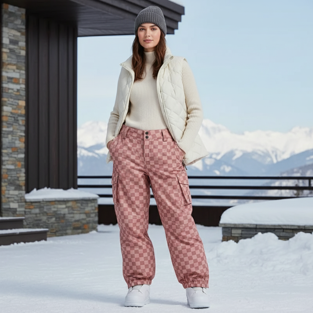 Pantalon De Ski Rose Carreaux Ample Imperméable Unisexe - Polyester