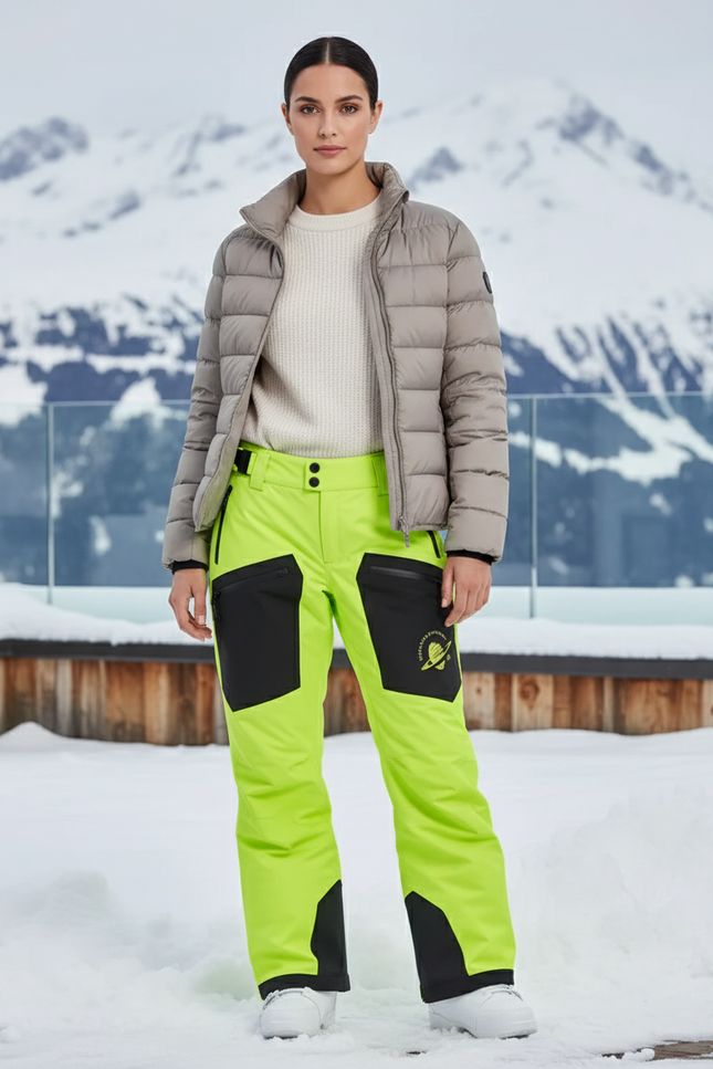 Pantalon De Ski Fluorescent Bicolore Imperméable Ajusté Femme - Vert Polyester