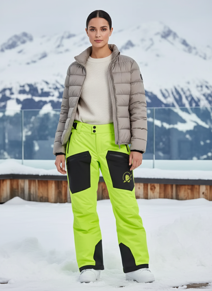 Pantalon De Ski Fluorescent Bicolore Imperméable Ajusté Femme - Vert Polyester