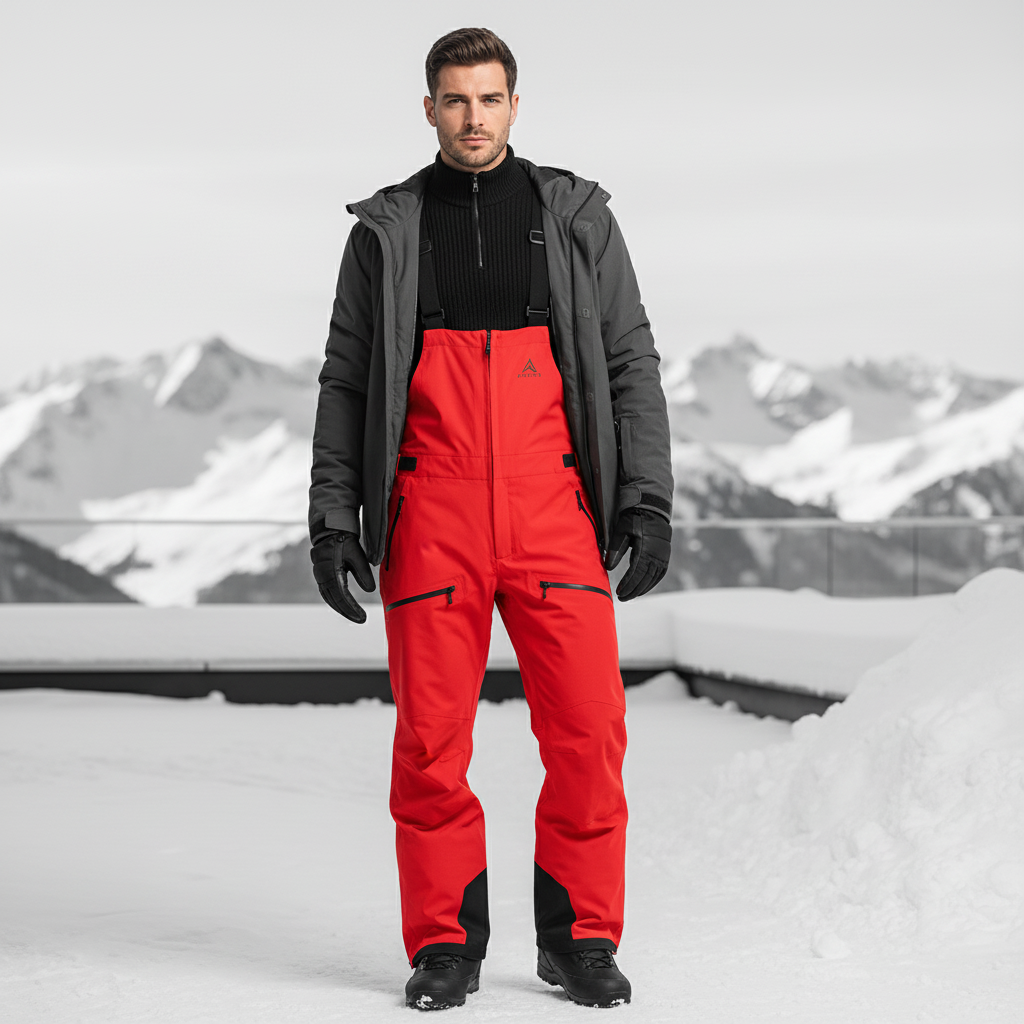 Pantalon De Ski Rouge Homme Imperméable Bretelles Ample - Polyester