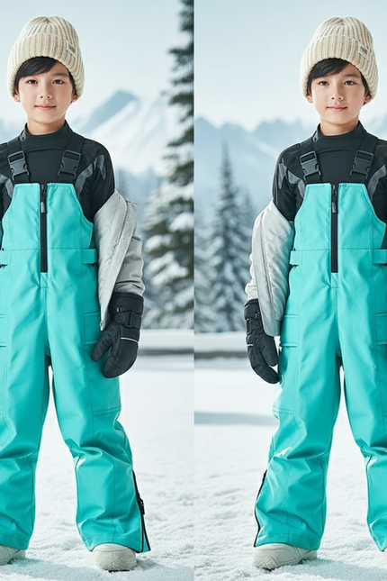 Pantalon De Ski Enfant Turquoise Imperméable Bretelles Matelassé - Vert Polyester
