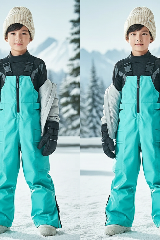 Pantalon De Ski Enfant Turquoise Imperméable Bretelles Matelassé - Vert Polyester