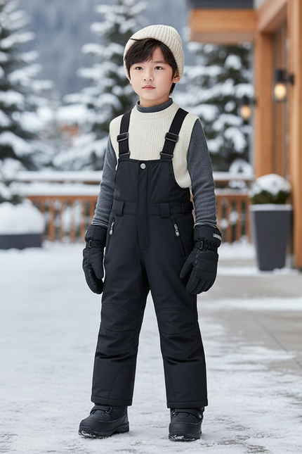 Pantalon De Ski Noir Enfant Bretelles Imperméable Matelassé - Polyester