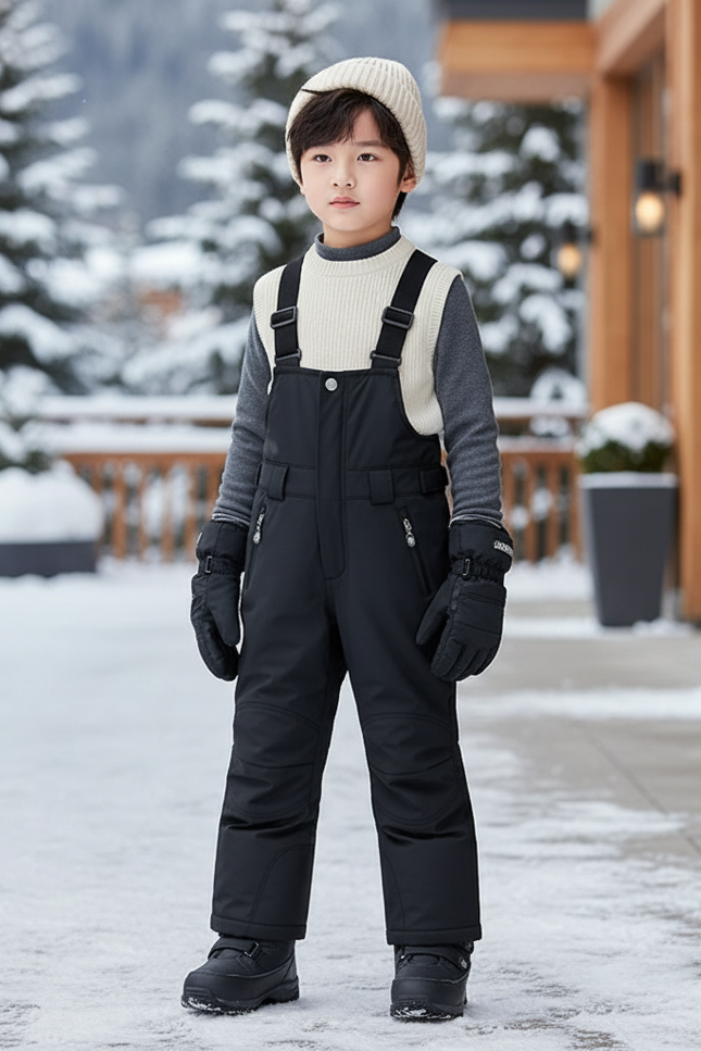 Pantalon De Ski Noir Enfant Bretelles Imperméable Matelassé - Polyester