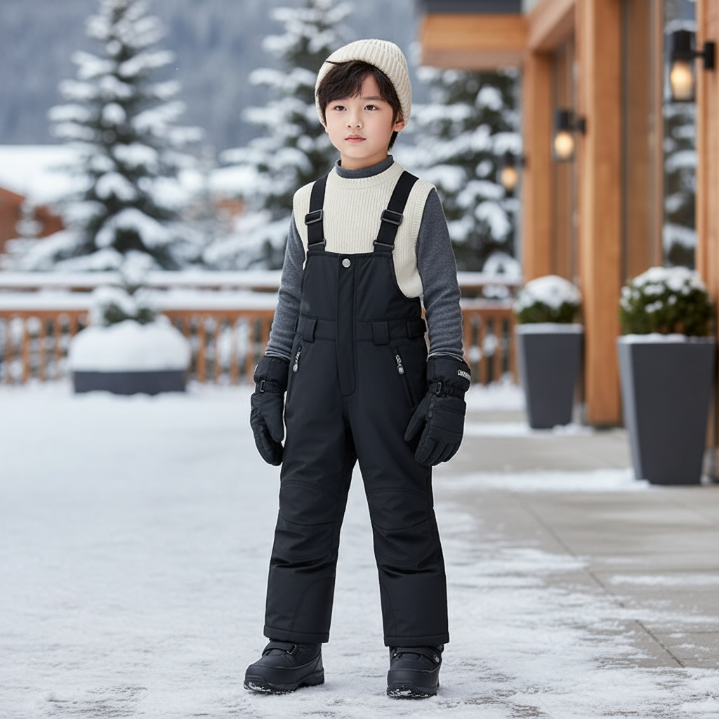 Pantalon De Ski Noir Enfant Bretelles Imperméable Matelassé - Polyester