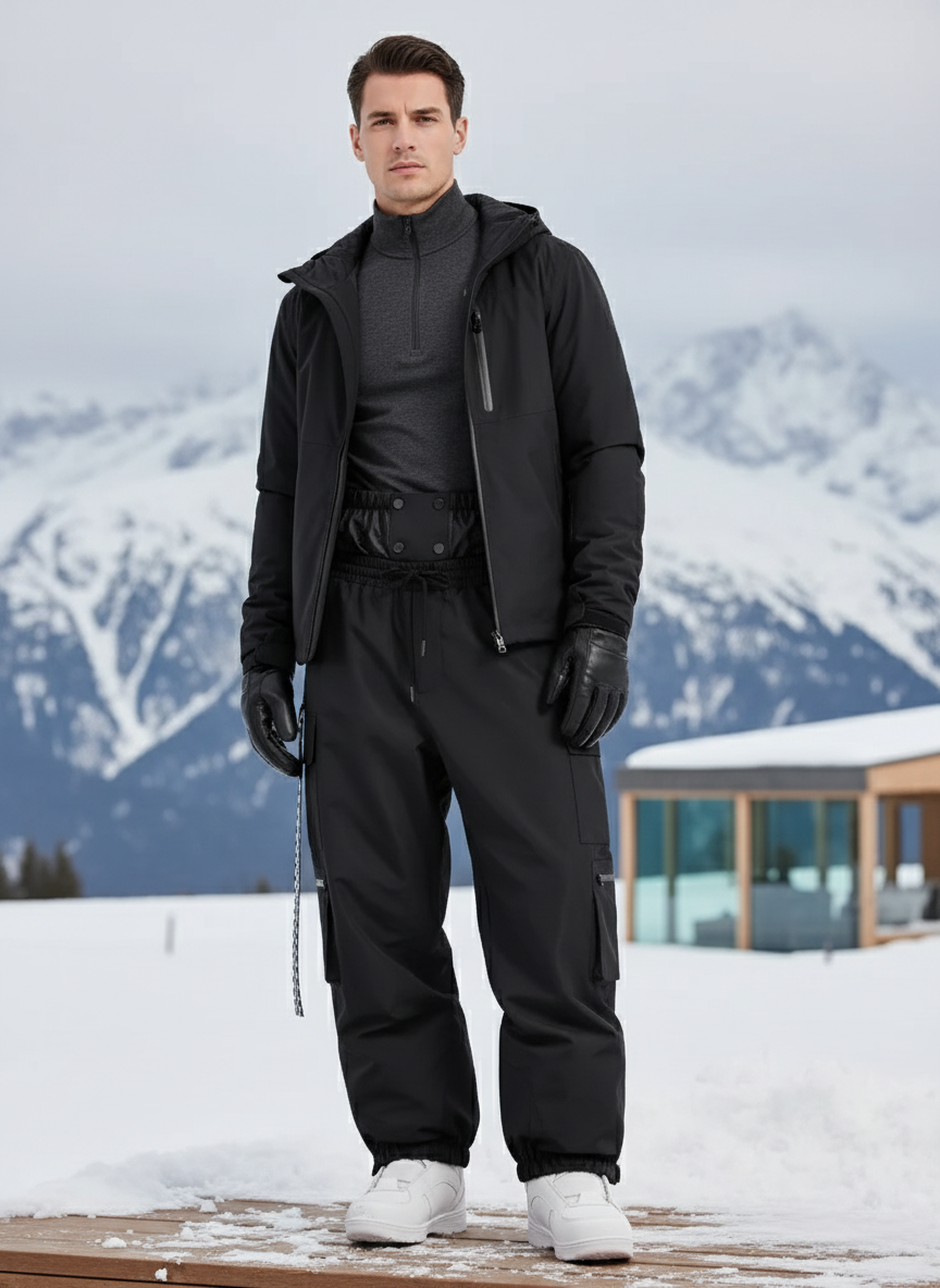 Pantalon De Ski Noir Cargo Imperméable Chaud Homme - Polyester