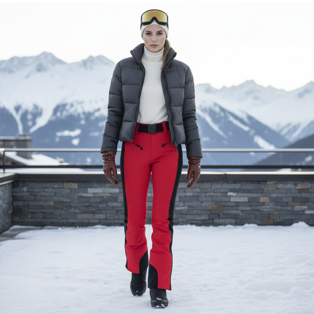 Pantalon De Ski Rouge Et Noir Imperméable Coupe Droite - Polyester