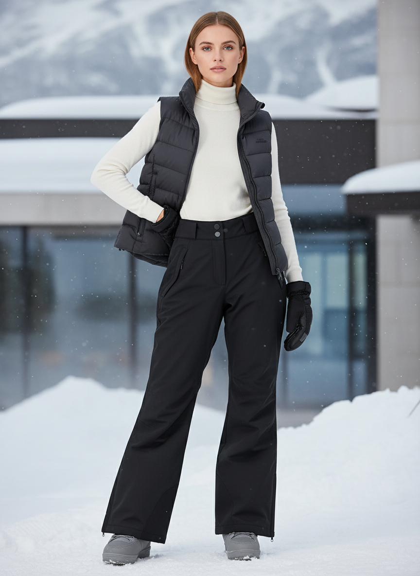 Pantalon De Ski Noir Imperméable Coupe Droite Femme Hiver - Polyester