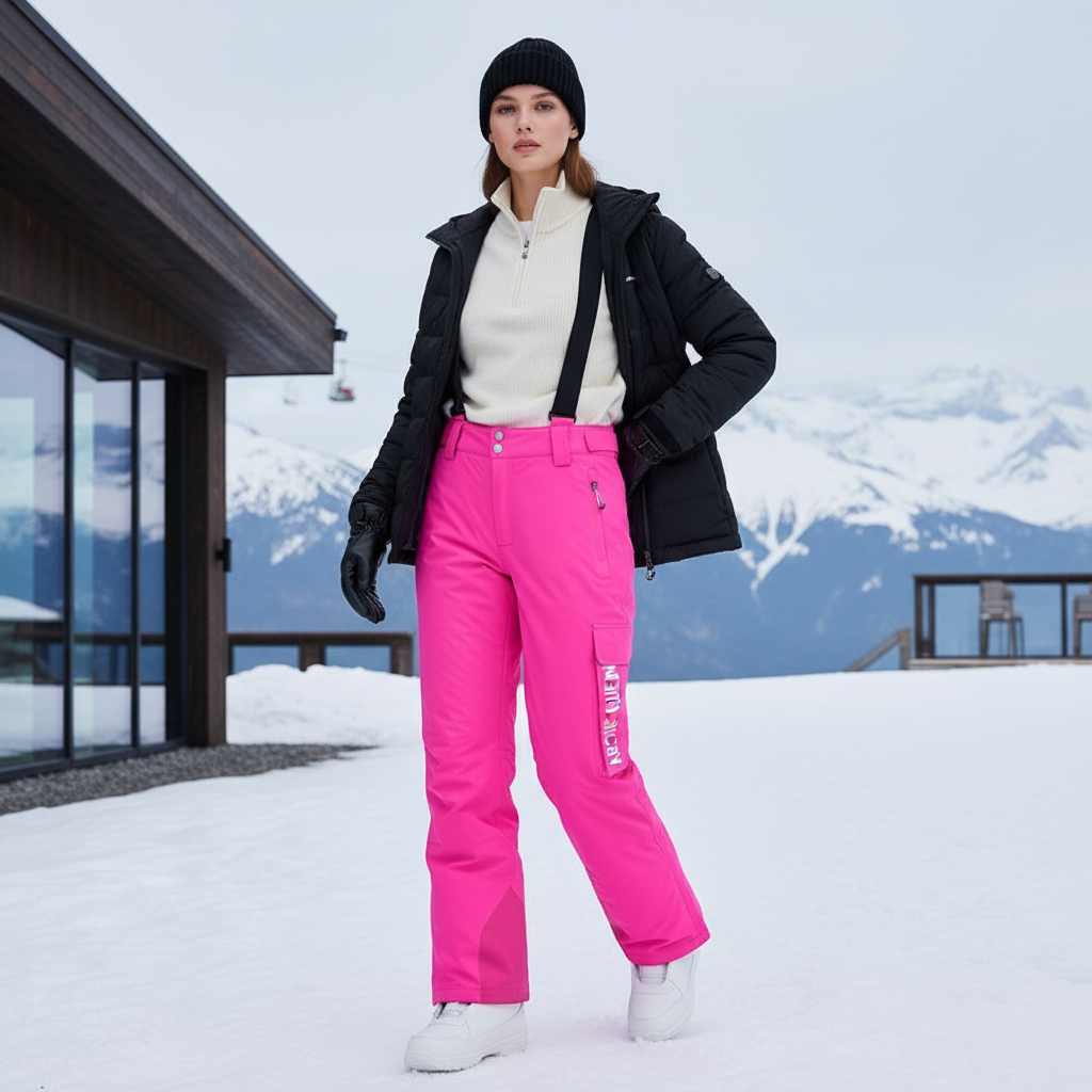 Pantalon De Ski Rose Imperméable Bretelles Cargo Femme - Polyester
