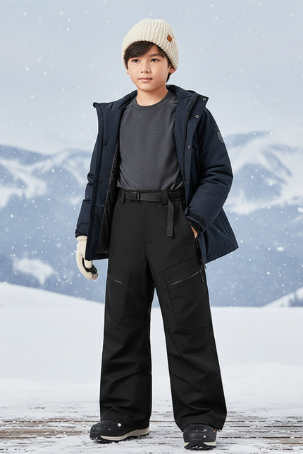 Pantalon De Ski Noir Imperméable Ample Cargo Enfant - Polyester
