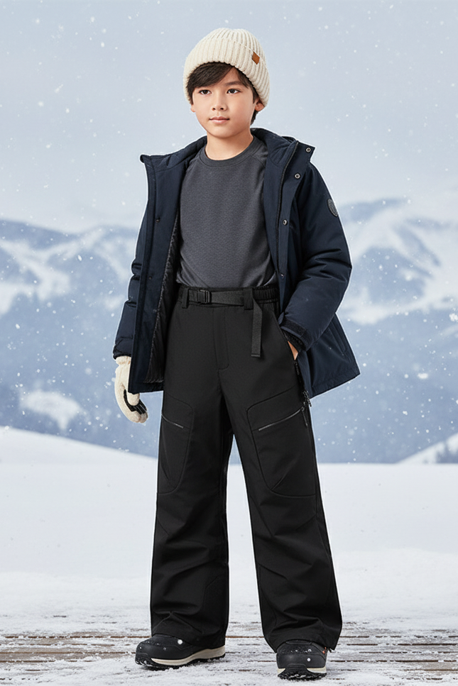 Pantalon De Ski Noir Imperméable Ample Cargo Enfant - Polyester