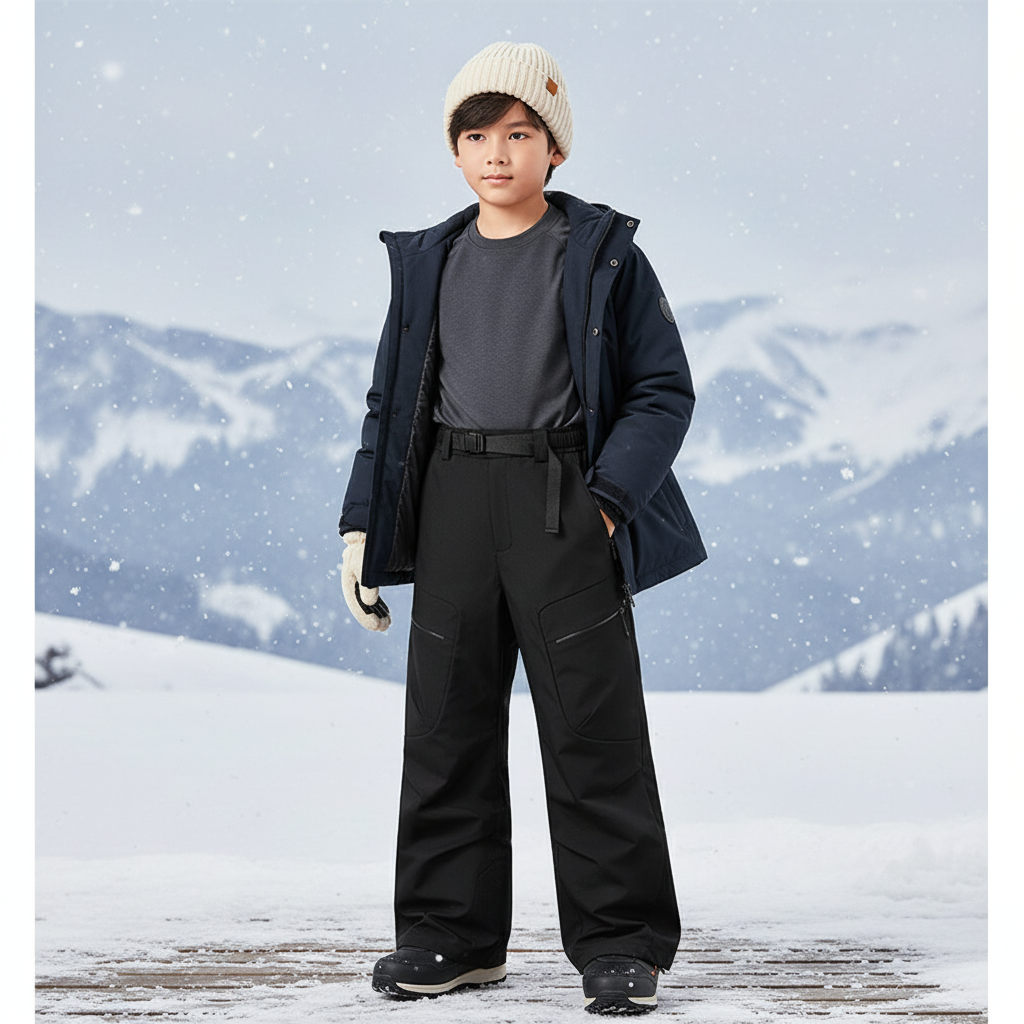 Pantalon De Ski Noir Imperméable Ample Cargo Enfant - Polyester