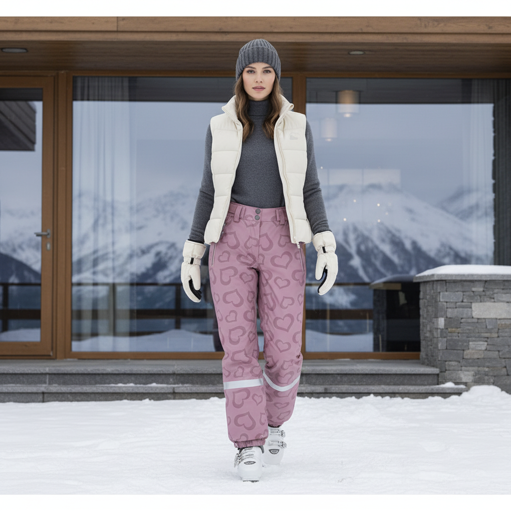 Pantalon De Ski Rose Cœur Imperméable Femme Moderne - Polyester