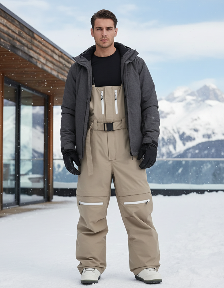 Pantalon De Ski Beige Cargo Ample Bretelles Homme - Polyester