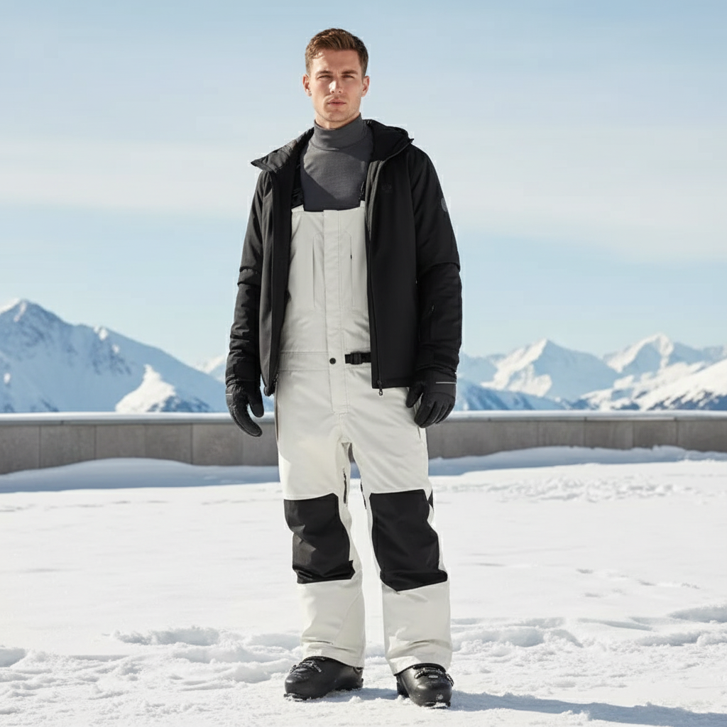Pantalon De Ski Blanc Noir Imperméable Ample Bretelles Homme - Polyester