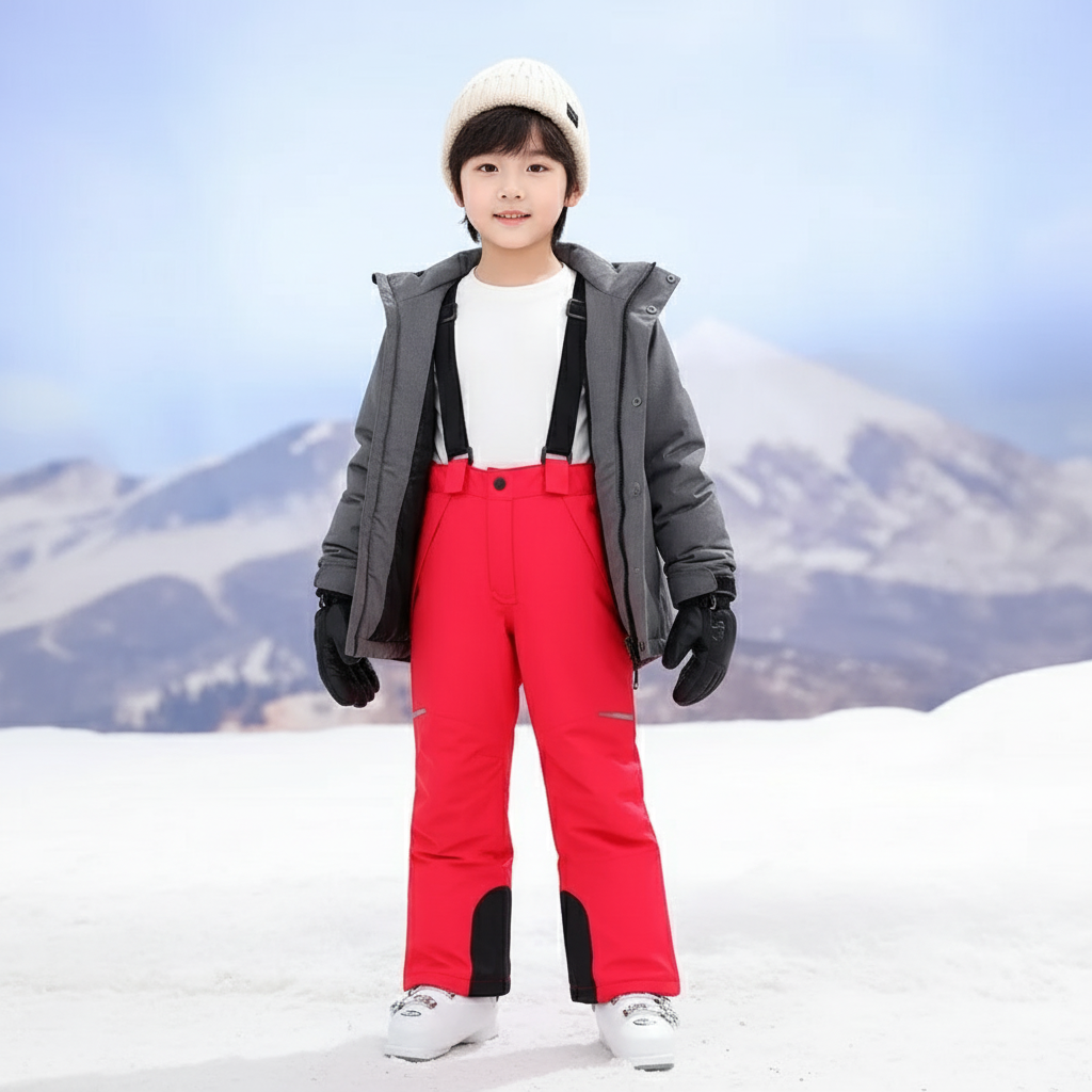 Pantalon De Ski Rouge Enfant Imperméable Bretelles Hiver - Polyester