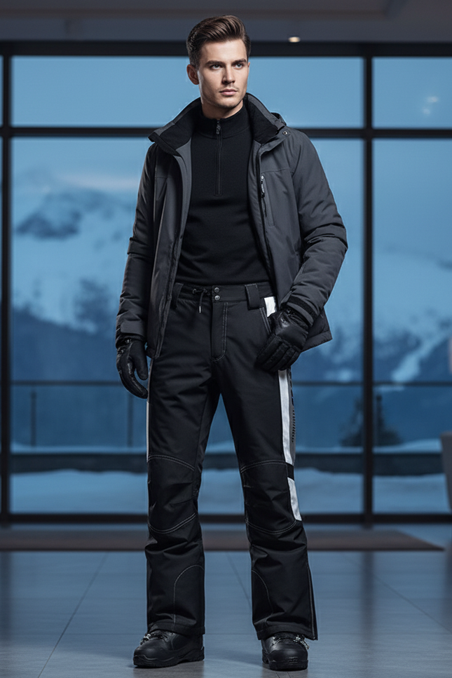 Pantalon De Ski Noir Imperméable Homme Bicolore Coupe Droite - Polyester