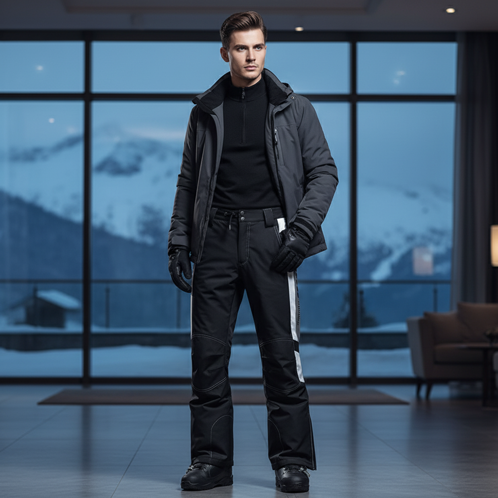 Pantalon De Ski Noir Imperméable Homme Bicolore Coupe Droite - Polyester