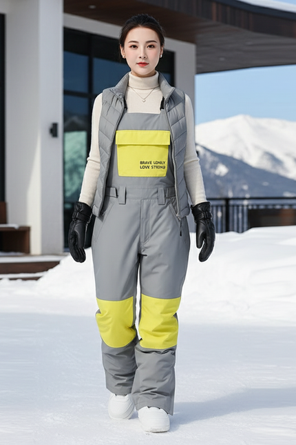 Pantalon De Ski Gris Bicolore Bretelles Imperméable Unisexe - Polyester