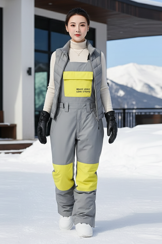 Pantalon De Ski Gris Bicolore Bretelles Imperméable Unisexe - Polyester