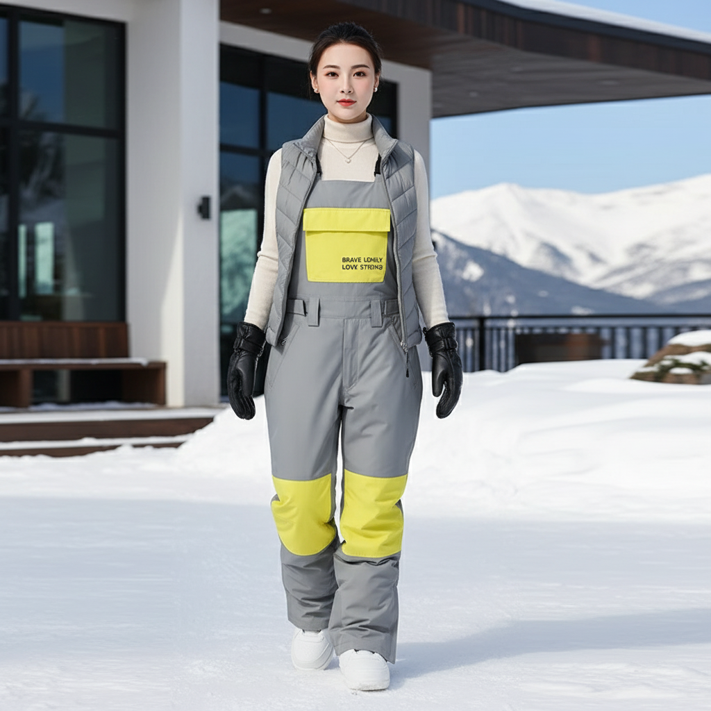 Pantalon De Ski Gris Bicolore Bretelles Imperméable Unisexe - Polyester