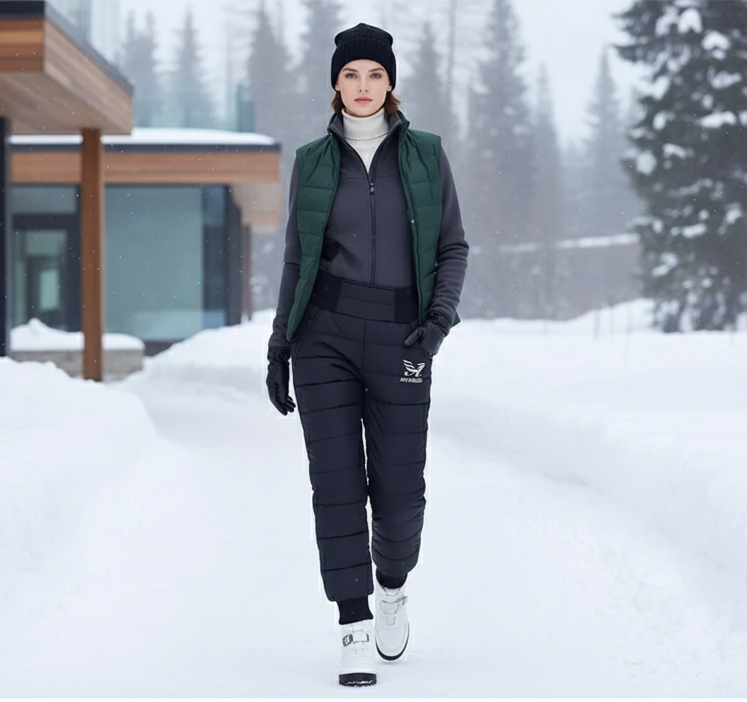 Pantalon De Ski Noir Matelassé Imperméable Femme Chaud - Polyester