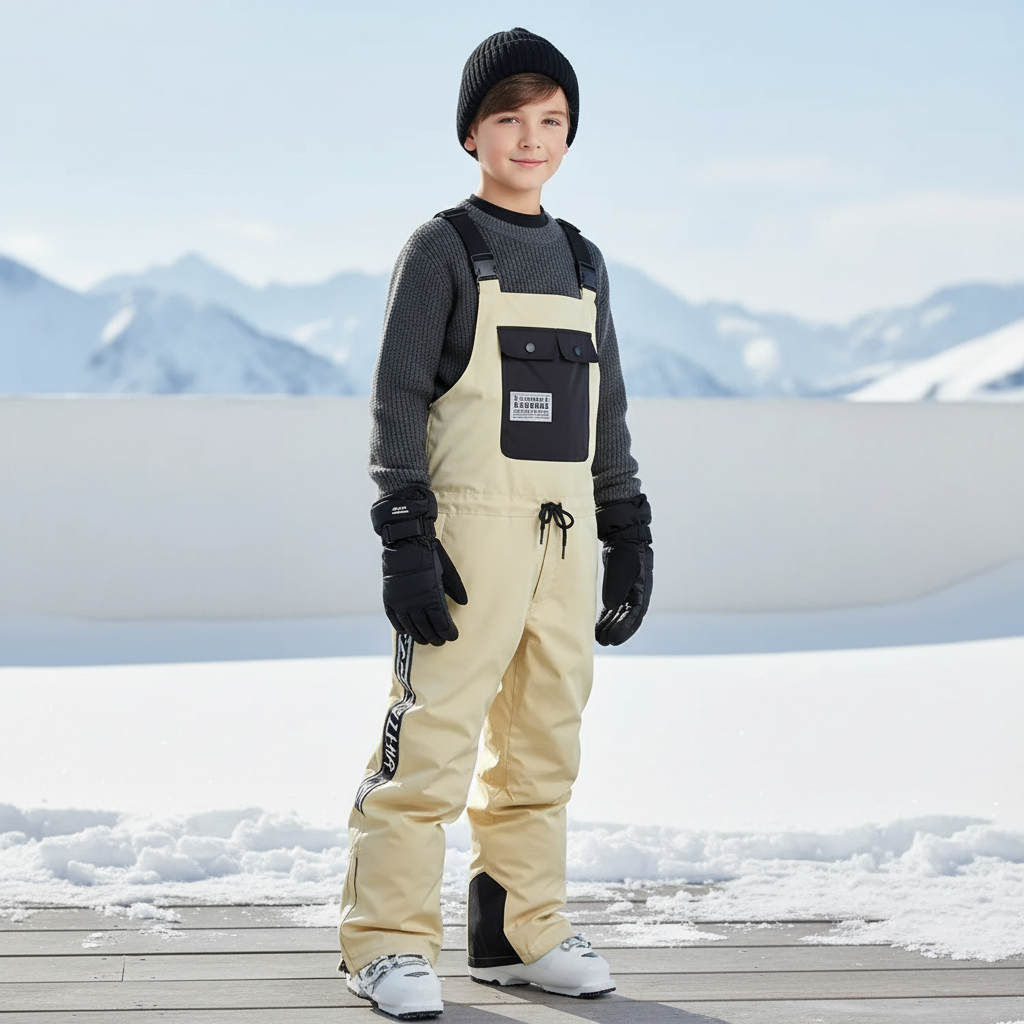 Pantalon De Ski Beige Bretelles Ample Imperméable Enfant Hiver - Polyester