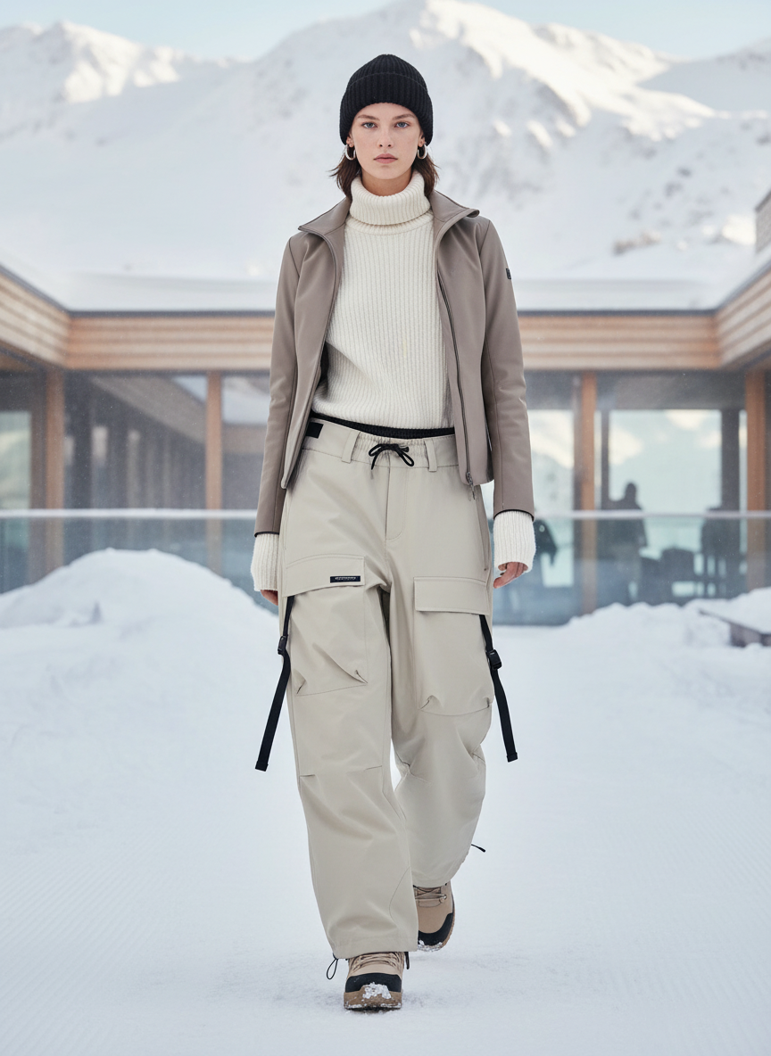 Pantalon De Ski Beige Cargo Ample Imperméable Femme Hiver - Polyester