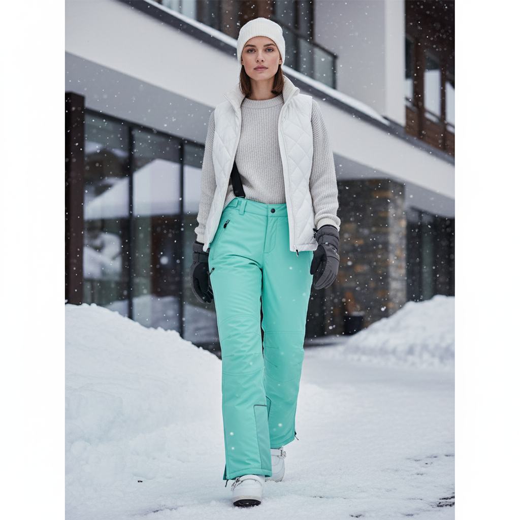 Pantalon De Ski Femme Vert Menthe Imperméable Bretelles Hiver - Polyester