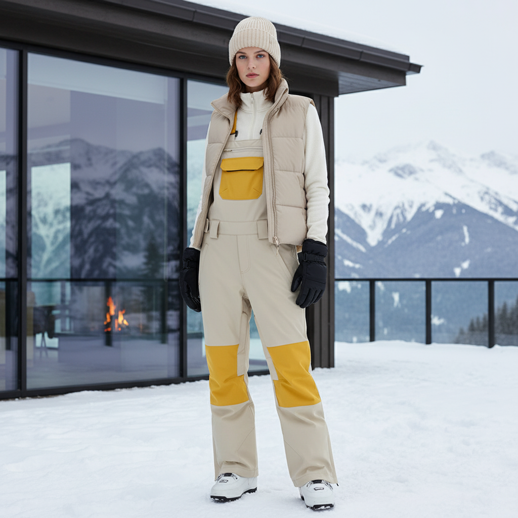 Pantalon De Ski Beige Bretelles Imperméable Femme Bicolore - Polyester