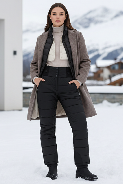 Pantalon De Ski Matelassé Noir Taille Haute Femme - Polyester