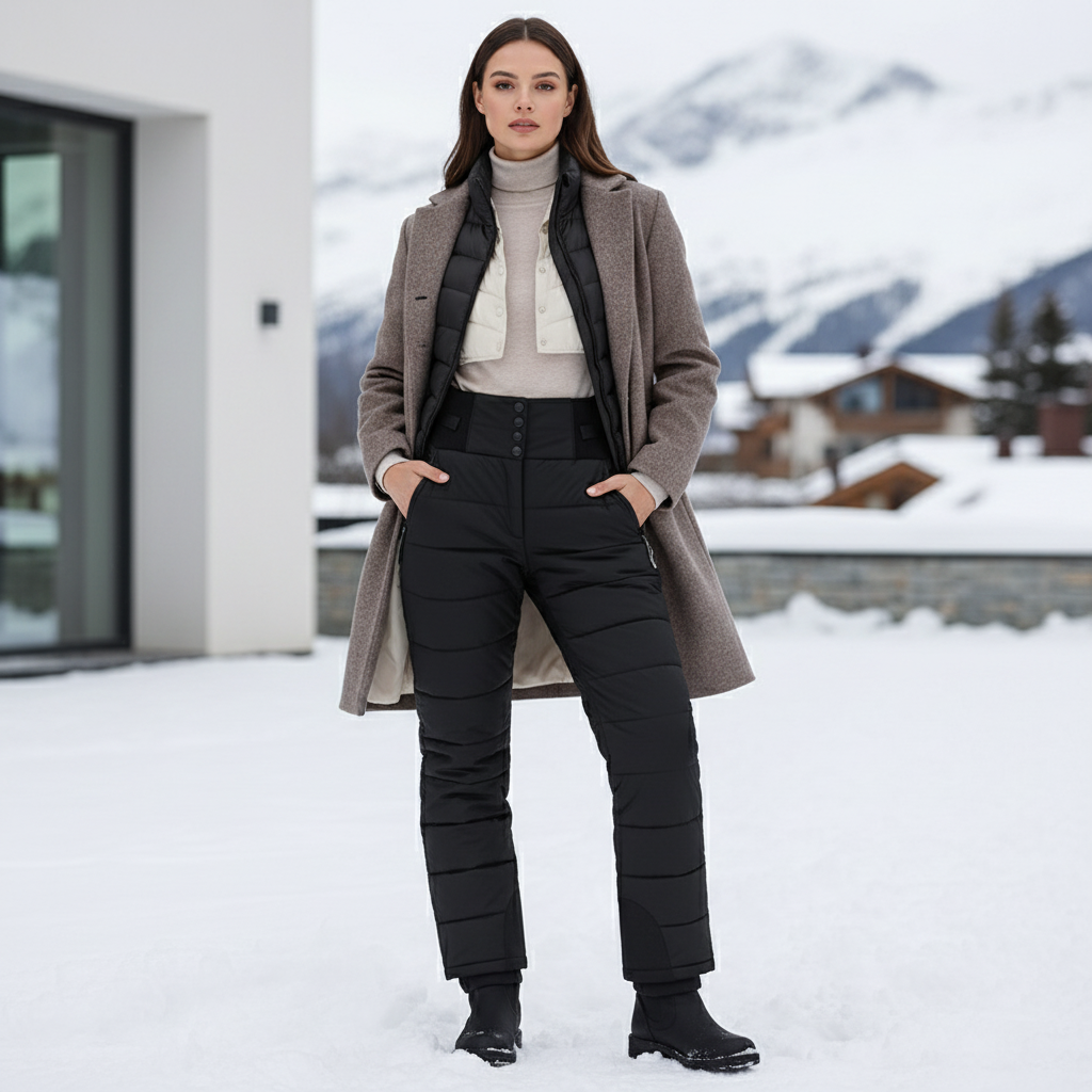 Pantalon De Ski Matelassé Noir Taille Haute Femme - Polyester