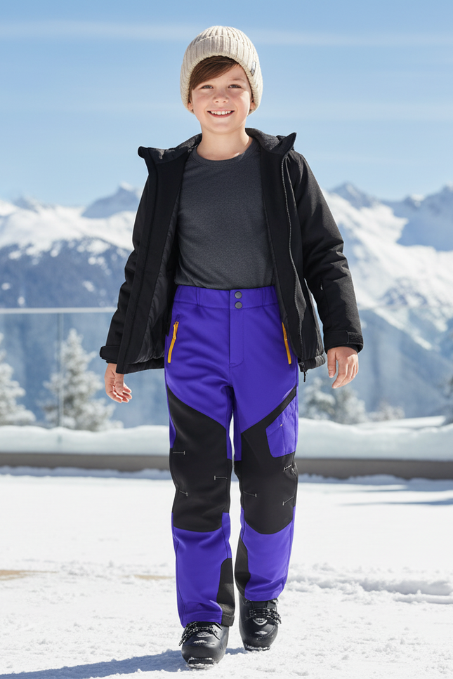 Pantalon De Ski Violet Noir Imperméable Coupe Droite Enfant - Polyester