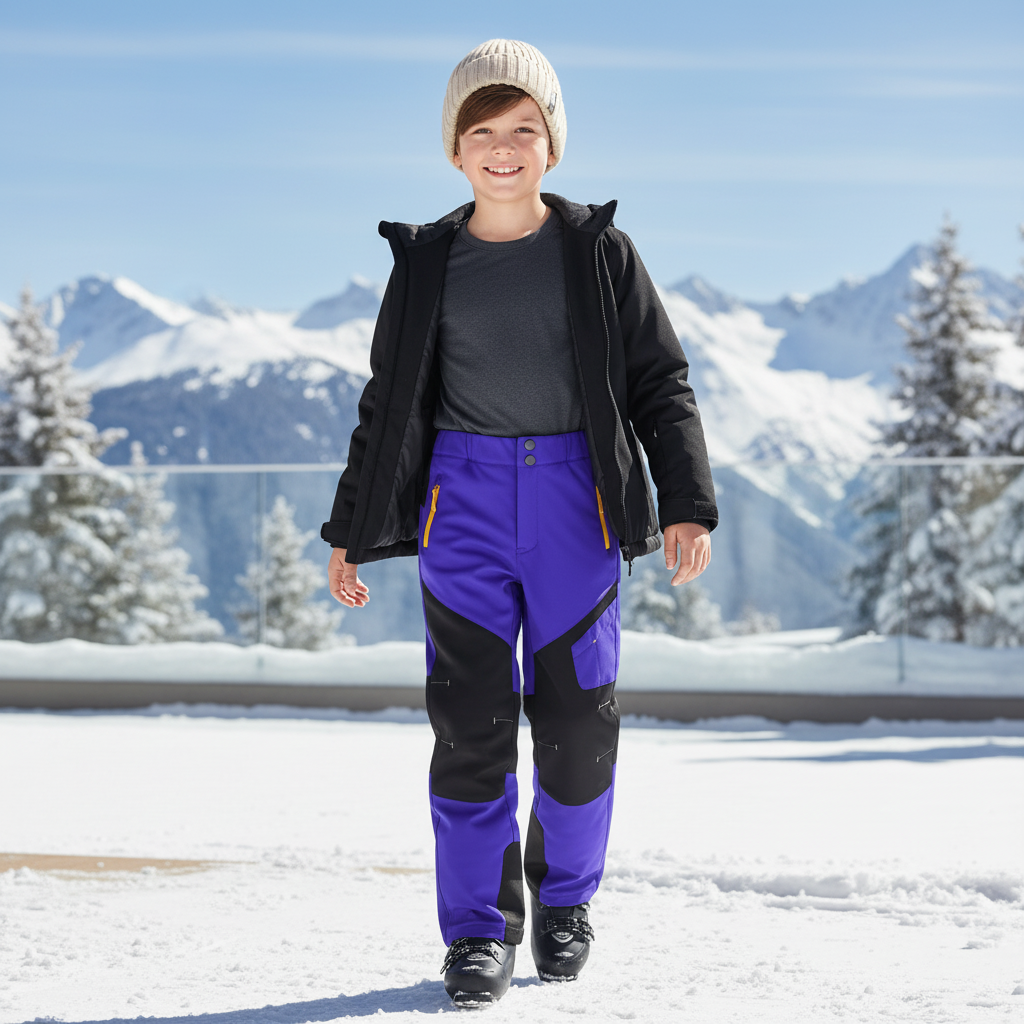 Pantalon De Ski Violet Noir Imperméable Coupe Droite Enfant - Polyester