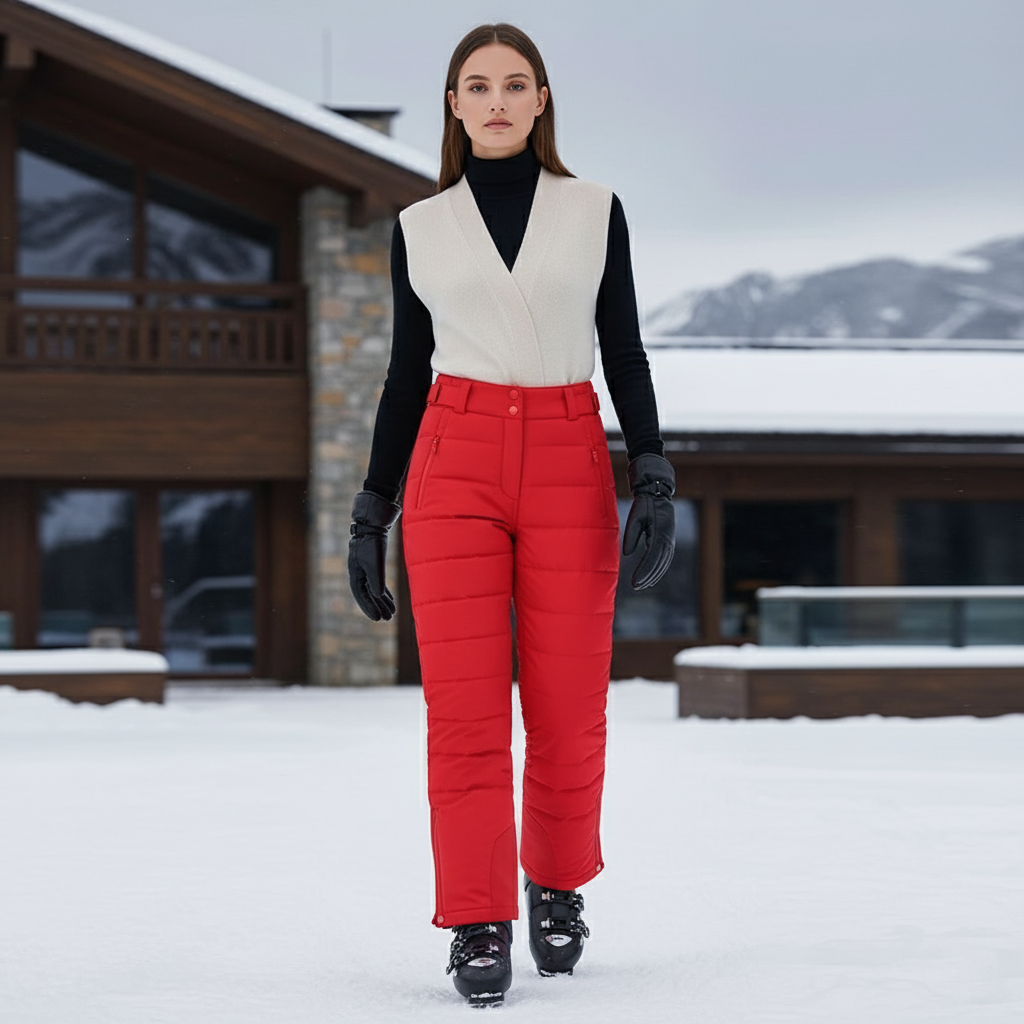 Pantalon De Ski Rouge Matelassé Imperméable Femme Hiver - Polyester