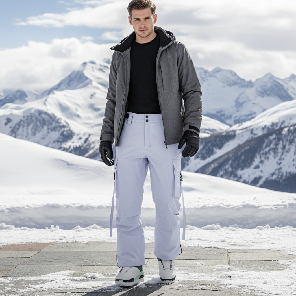 Pantalon De Ski Blanc Imperméable Cargo Ample Homme - Polyester