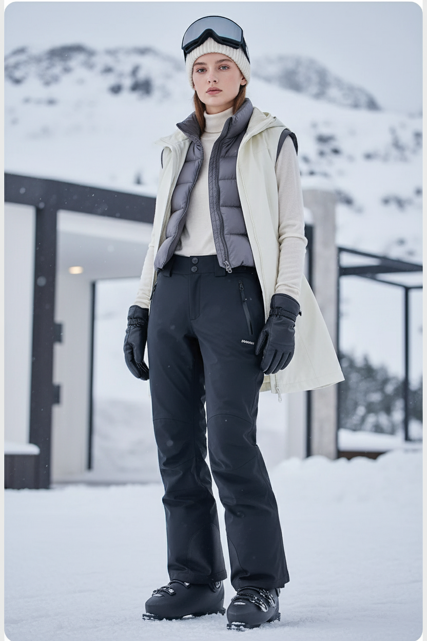 Pantalon De Ski Noir Imperméable Chaud Coupe Droite Femme - Polyester