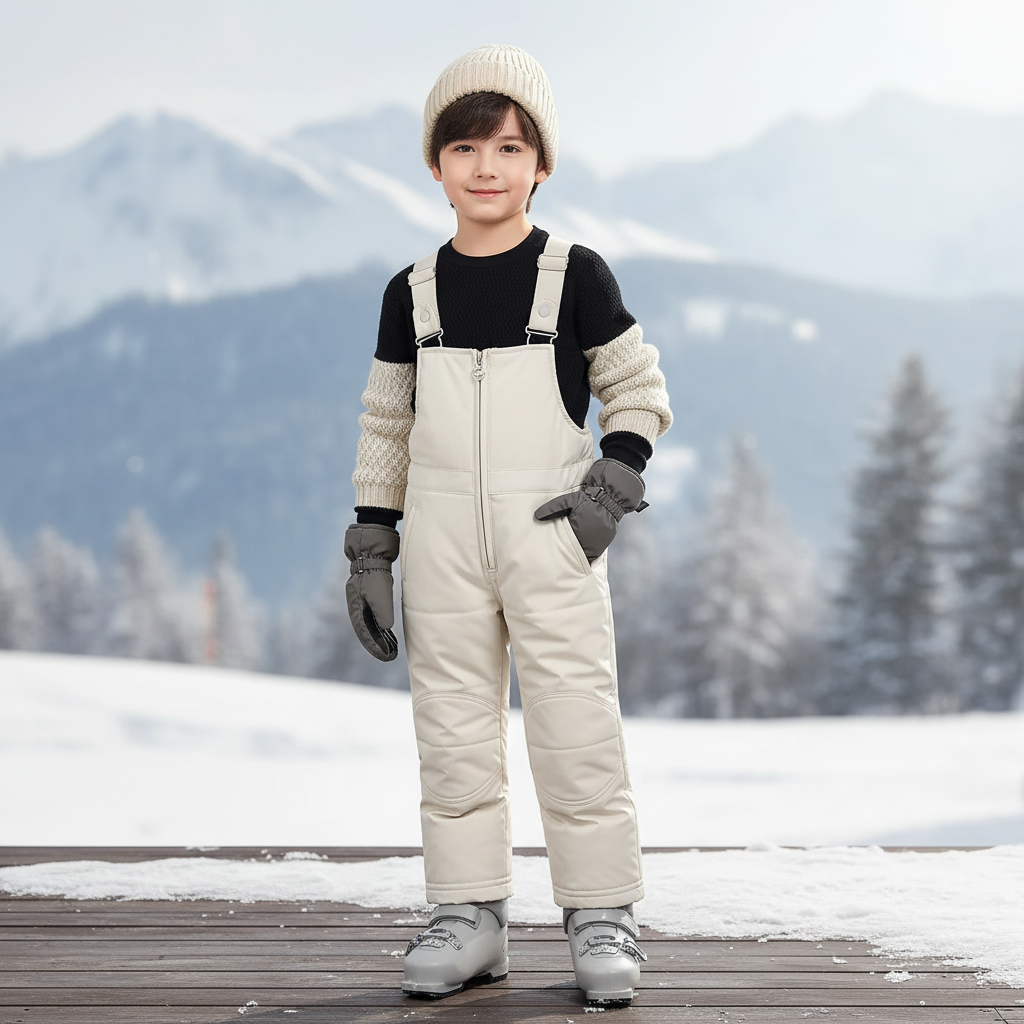 Pantalon De Ski Enfant Crème Matelassé Salopette Hiver - Beige Polyester