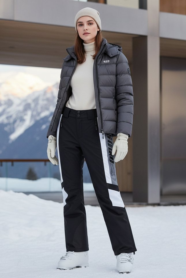 Pantalon De Ski Noir Blanc Imperméable Coupe Droite - Polyester
