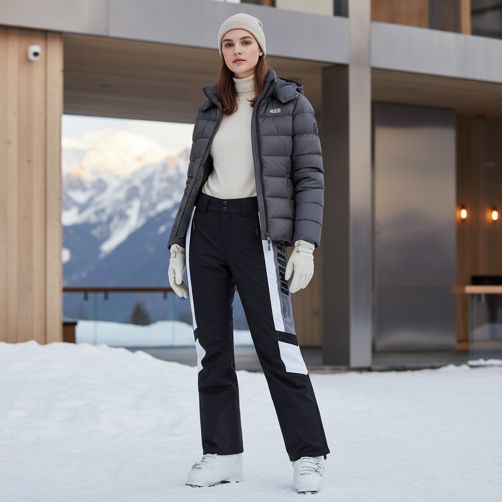 Pantalon De Ski Noir Blanc Imperméable Coupe Droite - Polyester