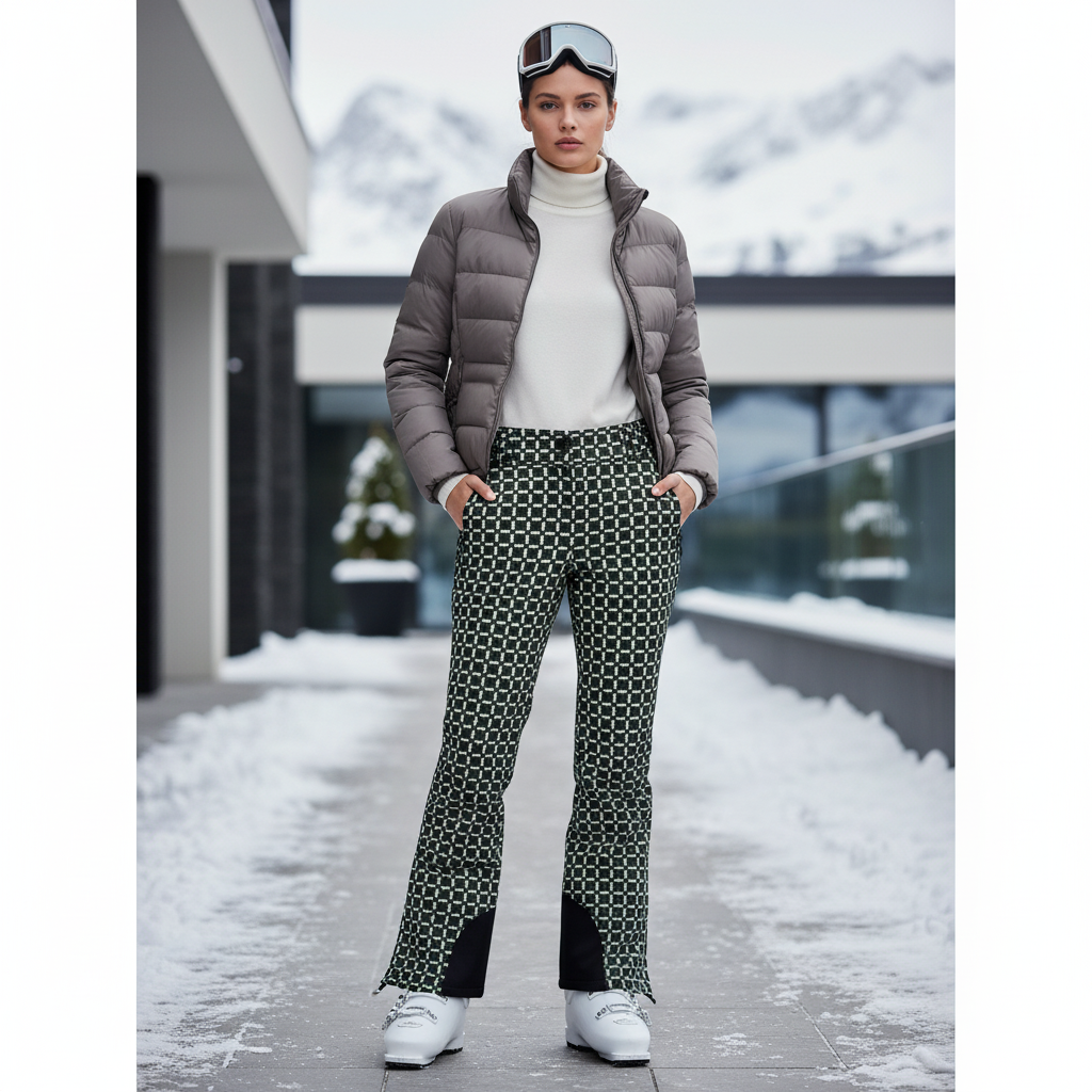 Pantalon De Ski Imprimé Géométrique Vert Noir Slim Femme - Polyester
