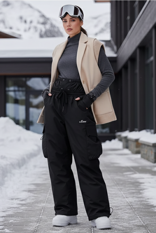 Pantalon De Ski Noir Ample Cargo Imperméable Femme - Polyester