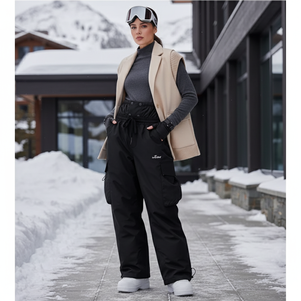 Pantalon De Ski Noir Ample Cargo Imperméable Femme - Polyester