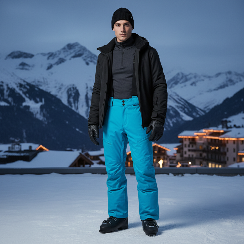 Pantalon De Ski Turquoise Homme Imperméable Bretelles Coupe Droite - Bleu Polyester