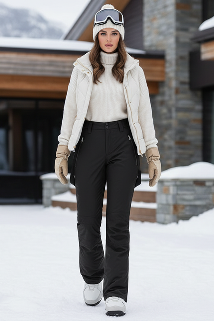 Pantalon De Ski Noir Droit Imperméable Femme Hiver - Polyester
