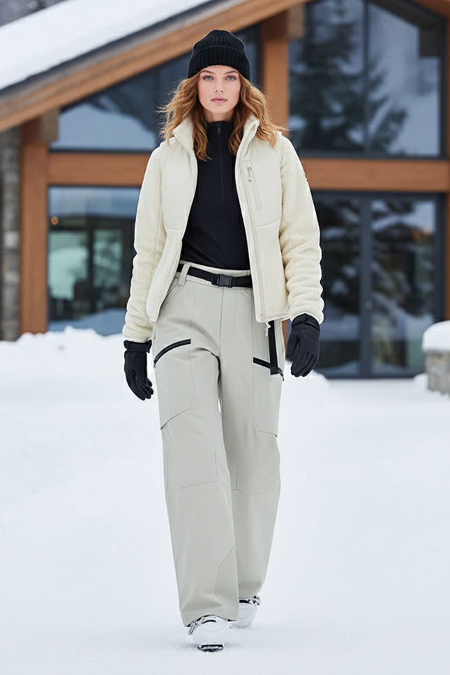 Pantalon De Ski Beige Droit Imperméable Femme Chaud - Polyester