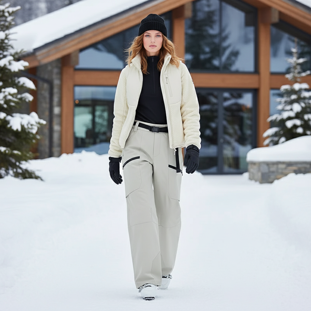 Pantalon De Ski Beige Droit Imperméable Femme Chaud - Polyester