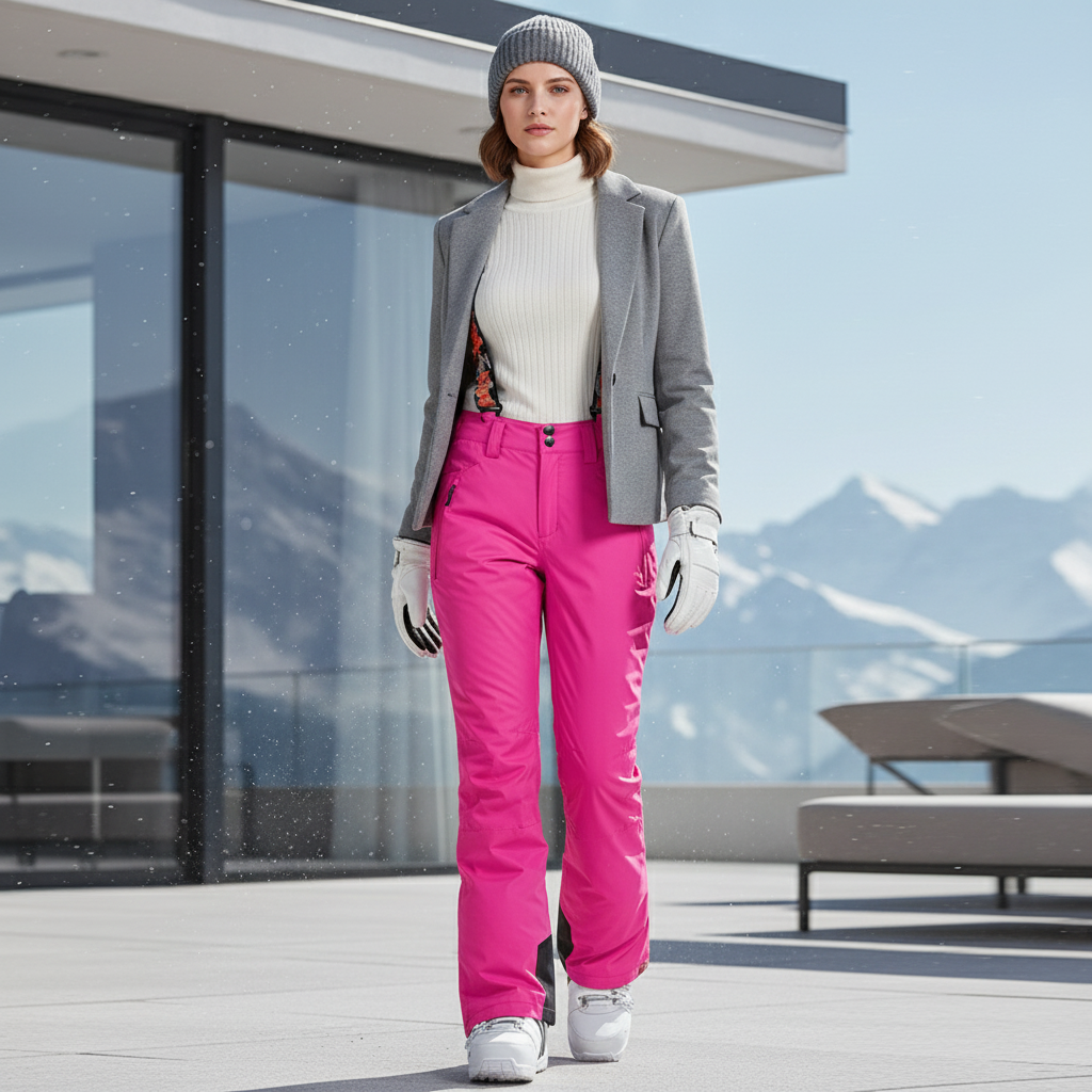 Pantalon De Ski Rose Fuschia Imperméable Coupe Droite Avec Bretelles - Polyester